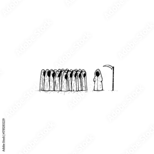 Grim reaper crowd illustration with scythe and hooded figures in black and white ink drawing style art