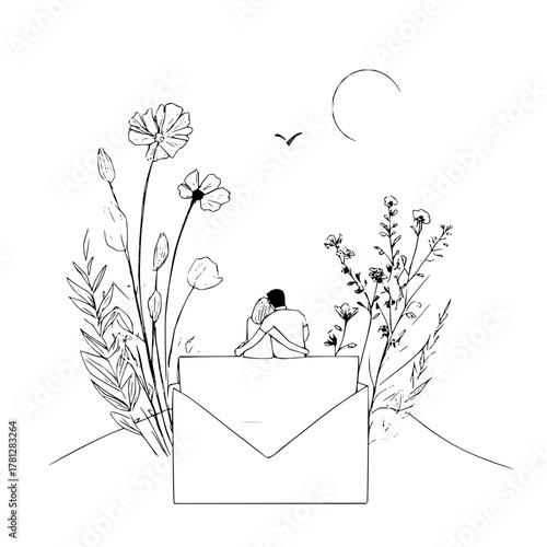 Couple sitting on envelope with flowers and moon art print romantic line drawing vector illustration design