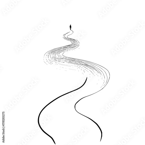 Minimalist art print of a person walking on a winding path illustration vector graphic design art drawing