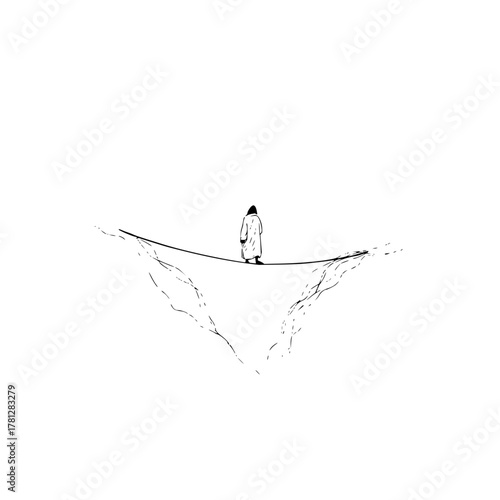 Person walking tightrope illustration vector art risk challenge concept black and white line drawing art