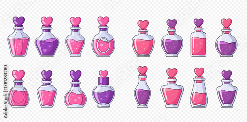 Collection of cute cartoon magic potion bottles with heart stoppers, filled with pink and purple liquid, isolated on a transparent background.