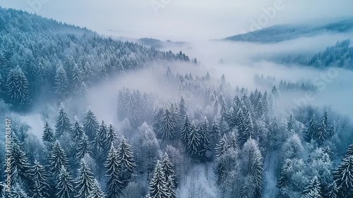 aerial drone winter forest and snowy mountains in morning fog video 