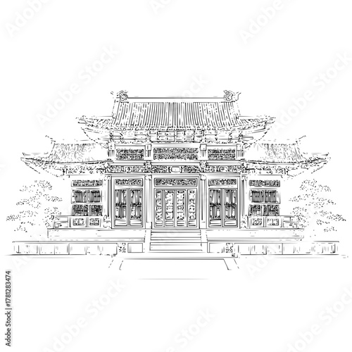 Detailed line art of a traditional japanese temple building with intricate architectural details and design