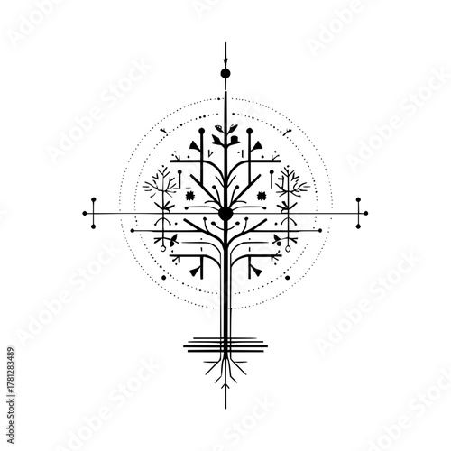 Geometric tree of life vector art, minimalist sacred geometry design, black and white line drawing illustration
