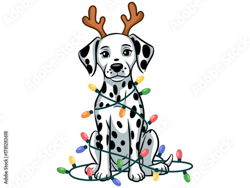 A Dalmatian dog wearing reindeer antlers and wrapped in colorful Christmas lights sits patiently