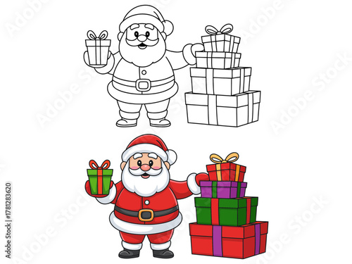 Santa Claus is ready to deliver gifts to children, holding a present and standing next to a large stack of gift boxes.