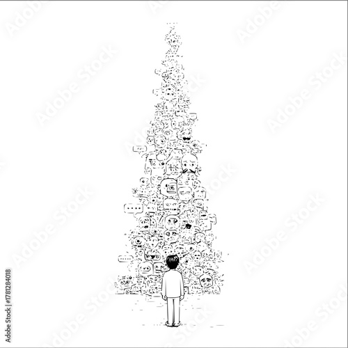 Man faces towering crowd of faces emotions social pressure anxiety digital art illustration black and white drawing