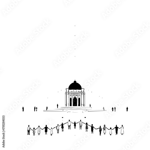 Black and white illustration of unity and community with a building in the background drawing design art