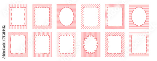 Whimsical cute border, vintage bachelorette frame, coquette pink menu icon. Pretty invite for party. Christmas, wedding, Valentine day decoration card set isolated on background. Vector illustration