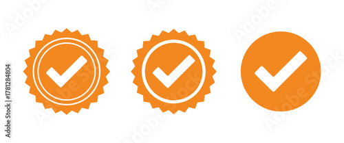 Three Orange Check Mark Icons with Starburst and Circle Borders On Transparent Background