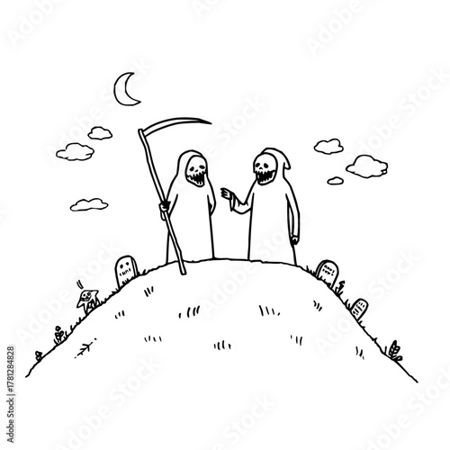Grim reapers on a hill illustration, halloween spooky death cartoon vector drawing, halloween vector art