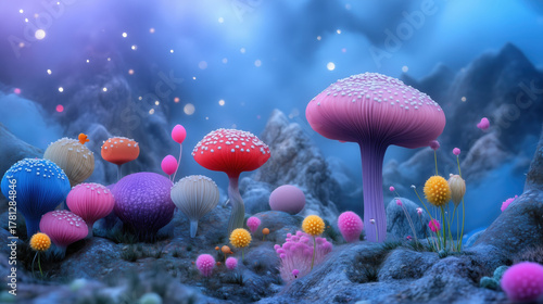 Fantasy landscape with colorful mushrooms and surreal vegetation under glowing sky