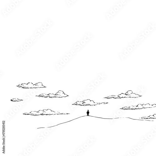 Minimalist landscape drawing of a person on a hill surrounded by clouds in black and white sketch style