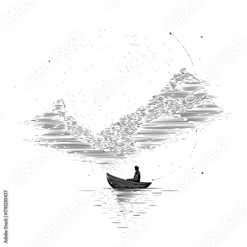 Black and white drawing of a man in a boat on water with clouds and stars illustration vector art