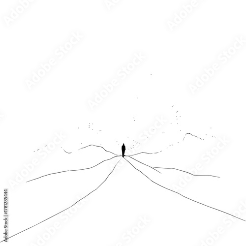 Minimalist black and white drawing of a lone figure walking on a path towards the horizon line art