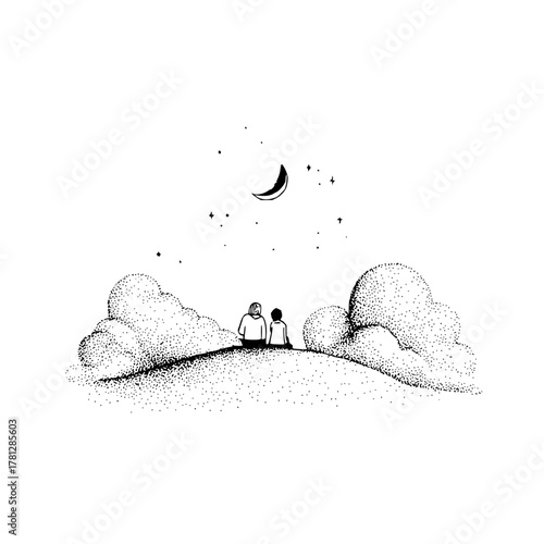 Children stargazing illustration under moon and stars black and white night sky artwork drawing design art