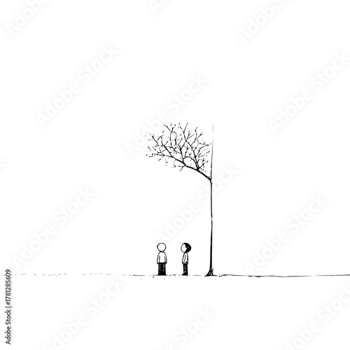 Minimalist drawing of two figures under a bare tree in black and white landscape art illustration design