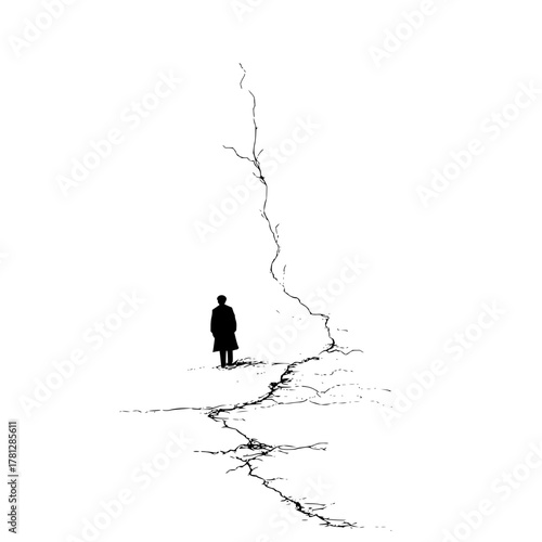 Silhouette of a lone figure standing near a large crack illustration art design concept drawing image
