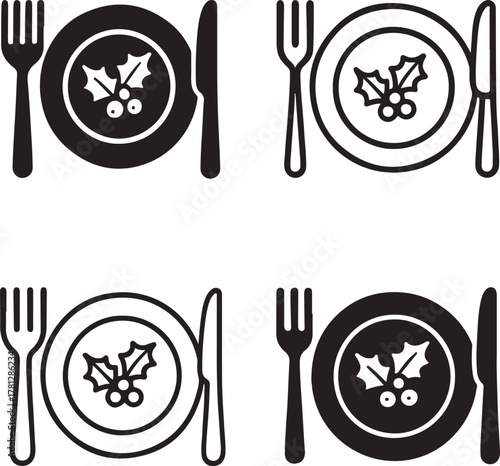 Isolated festive dinner plate icon, holiday tableware vector, elegant dining celebration illustration for new year invitations, posters, and festive restaurant promotional design