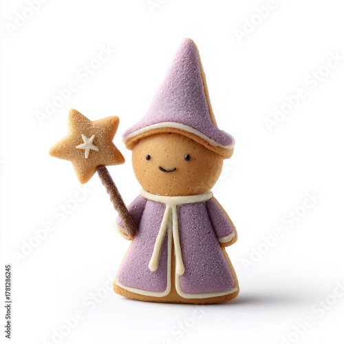 “Adorable Gingerbread Wizard with Tiny Icing Hat”, pastel purple robe, and golden star wand, with a simple design, isolated on a white background