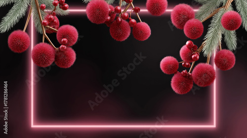 Neon pink frame with festive pine branches, red berries and ornaments on dark background