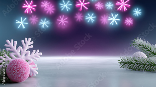 Winter holiday scene with frosted pine branches, pink ornaments and neon snowflakes on icy background
