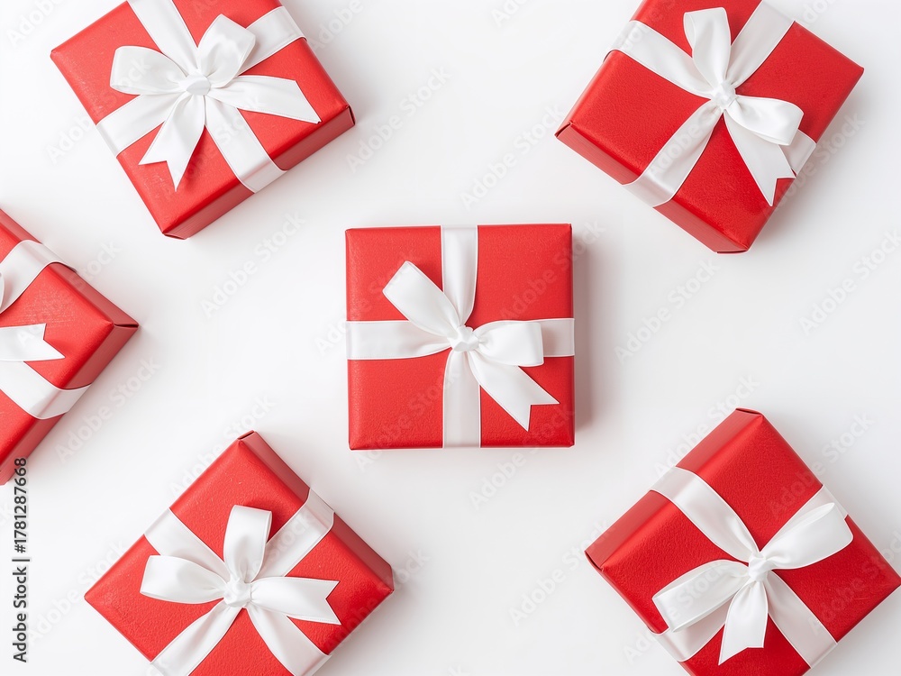 Obraz premium Elegant red gift boxes with white ribbons for festive holiday celebrations and cheerful present giving, perfect for Christmas and birthdays
