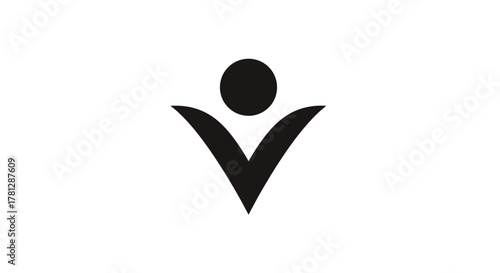 A minimalist black and white logo featuring a stylized human figure with arms raised, resembling a 'V' shape with a circle head, symbolizing victory, freedom, or success.