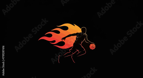 Silhouette of a basketball player dribbling the ball with flames in the background, dynamic action.