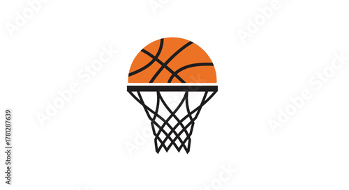 Basketball image with an orange ball above a black and white net, simple design.