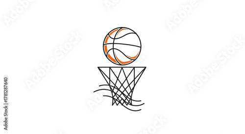 A basketball going through a net, drawn in a simple, minimalist style.