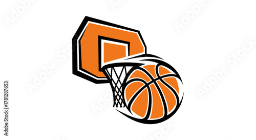 Basketball with net and hoop, orange and black colors, sports equipment.
