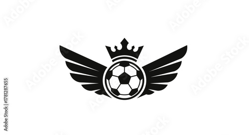 A black and white logo featuring a soccer ball with wings and a crown.