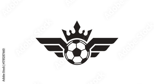 A black and white emblem of a soccer ball with a crown and wings, symbolizing victory and championship.