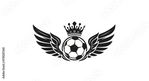 A stylized black and white graphic of a soccer ball adorned with a crown and wings.