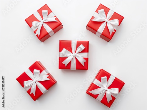 Elegant red gift boxes with white ribbons, perfect for holiday marketing campaigns, festive season promotions, or Christmas gift guides