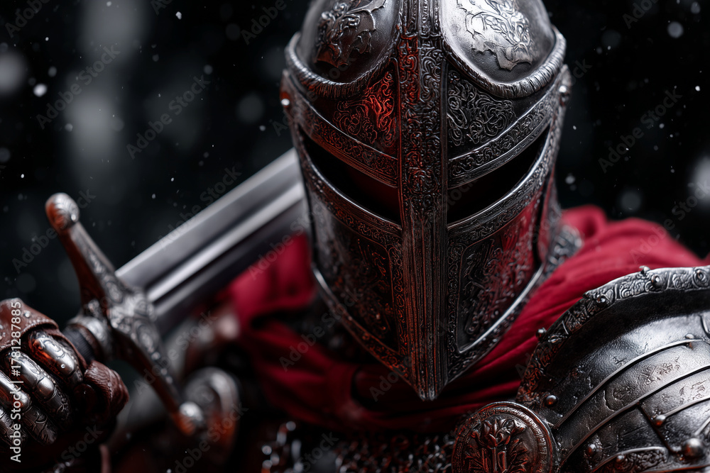 Fototapeta premium A knight is holding a sword and shield