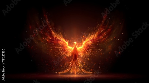 Mythical fiery bird figure rises with bright glowing wings against a dark background