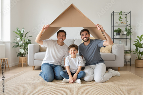 Happy family in living room playing under a cardboard house with smiling fathers and son on carpet