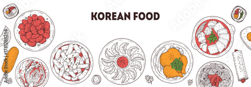 Korean food vector drawing frame. Hand drawn top view Korean food dishes vector sketch illustration. Bulgogi, corn dog, kimchi, mandu, dumpling, samgyetang, jjigae, japchae, kimbap