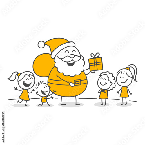 Happy Children And Generous Father Christmas Figure Spreading Joy With A Red Cap.