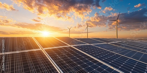 A scenic view of solar panels and wind turbines against a vibrant sunset, showcasing renewable energy sources in harmony with nature.