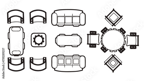 CAD Furniture Symbols in Top View, Chairs, Sofa, and Armchairs Outline Icons for Interior Design, Architecture, and Floor Plan Drawings
