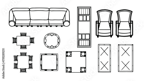 CAD Furniture Symbols in Top View, Chairs, Sofa, and Armchairs Outline Icons for Interior Design, Architecture, and Floor Plan Drawings
