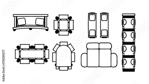 CAD Furniture Symbols in Top View, Chairs, Sofa, and Armchairs Outline Icons for Interior Design, Architecture, and Floor Plan Drawings