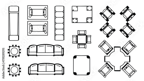CAD Furniture Symbols in Top View, Chairs, Sofa, and Armchairs Outline Icons for Interior Design, Architecture, and Floor Plan Drawings