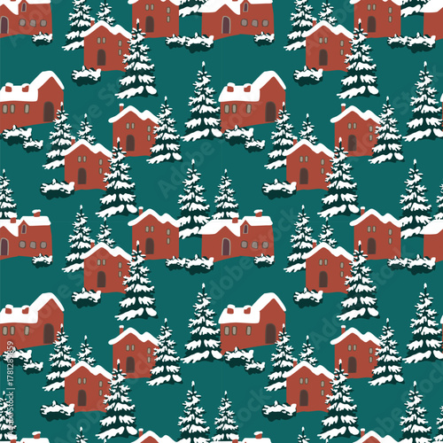 Houses and fir trees in the snow. Christmas seamless pattern for fabrics, textiles, packaging, and wallpaper. Vector illustration.