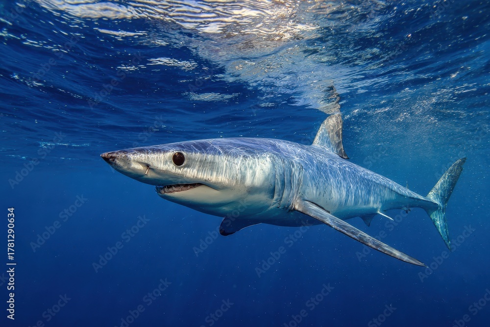 Obraz premium Majestic Shortfin Mako Shark Gliding Through Crystal Blue Waters of the Ocean
