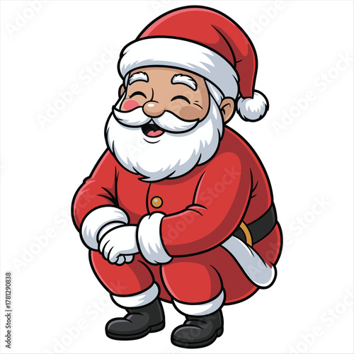 Happy cartoon santa claus character in red suit, squatting.