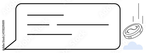 Chat bubble featuring simple lines, accompanied by a falling coin and abstract cloud. Ideal for finance, payment systems, digital economy, communication, modern commerce, technology